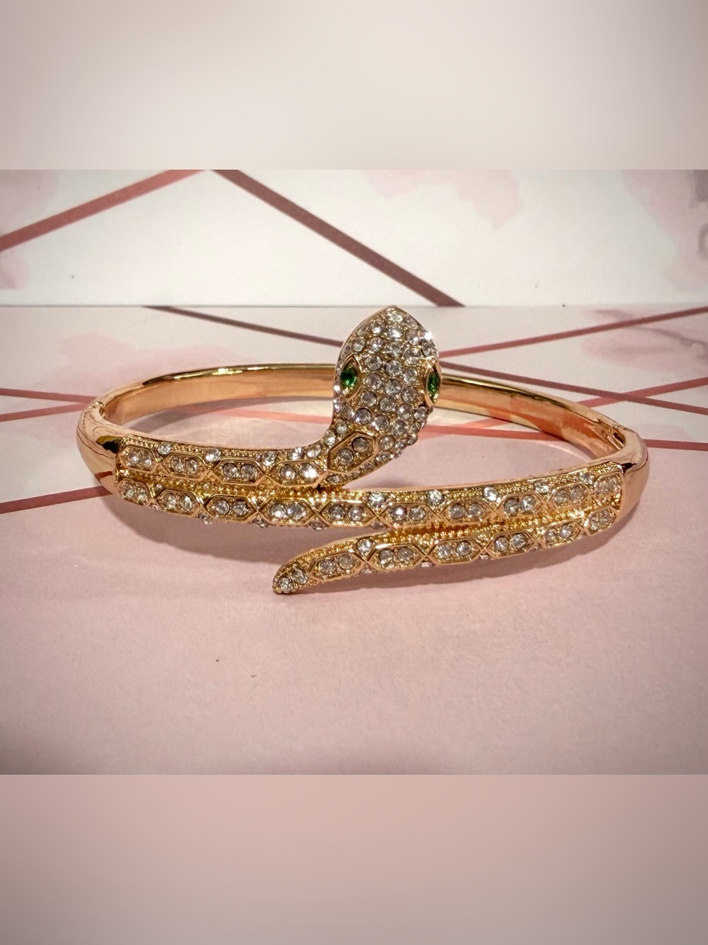 Gold Snake Crystal Wrap Bangle Bracelet with Green Eyes